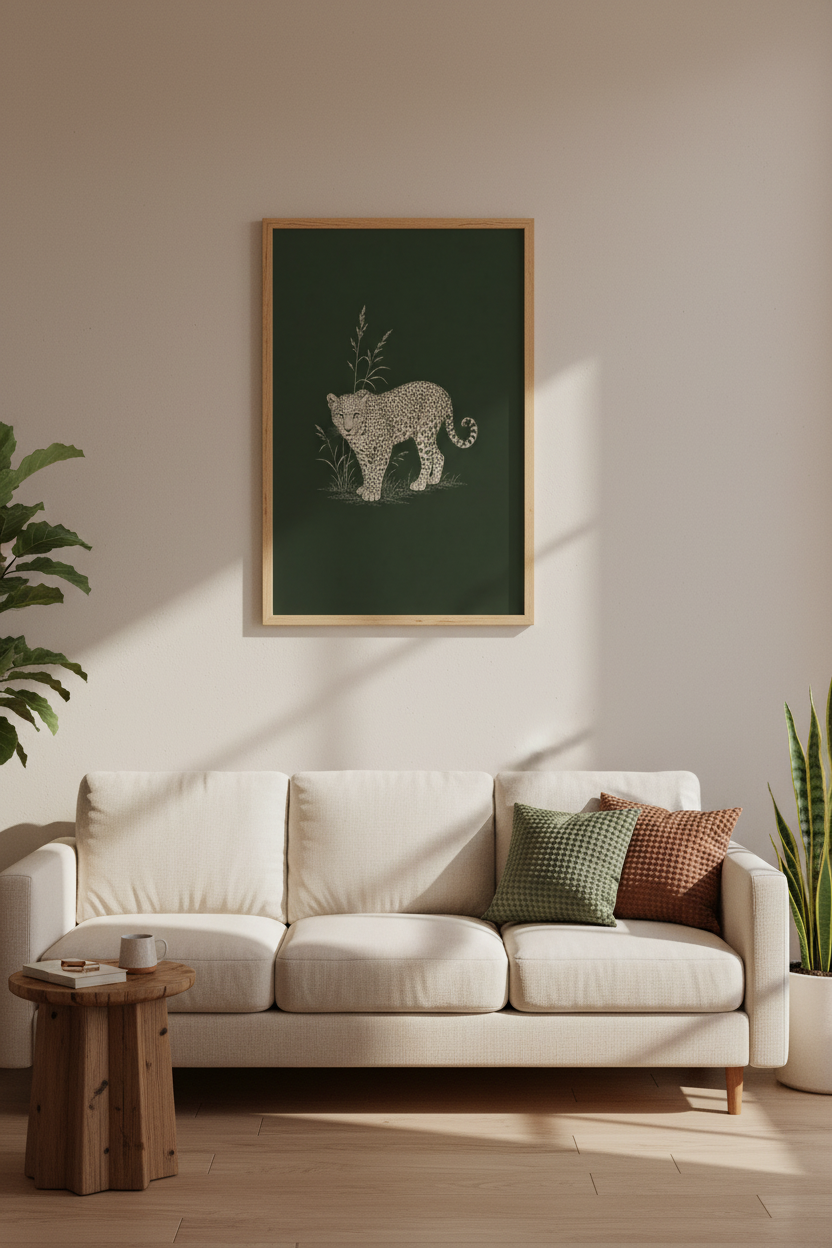 Leopard wall art print | Emerald safari decor | Living room poster