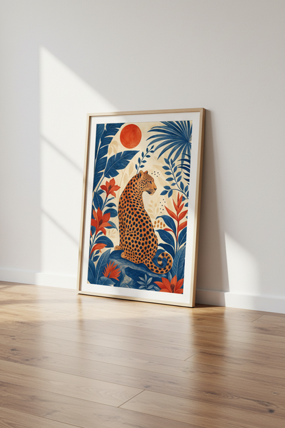 Leopard Jungle Wall Art | Boho Botanical Print, Tropical Navy &amp; Orange Decor