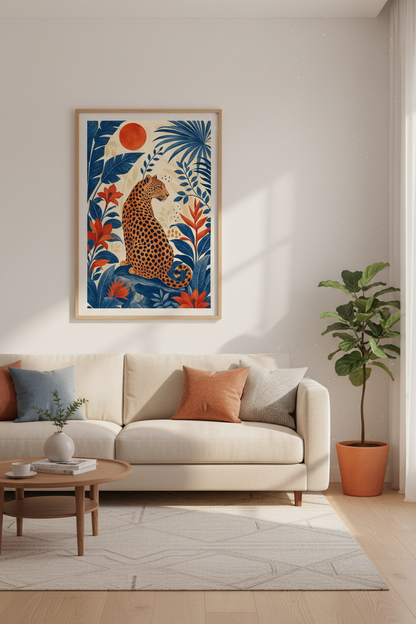 Leopard Jungle Wall Art | Boho Botanical Print, Tropical Navy &amp; Orange Decor