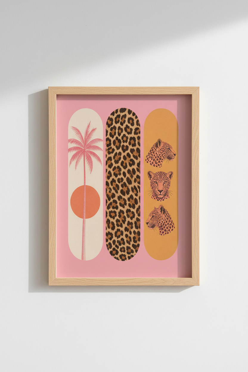 Pink Leopard Wall Art | Maximalist Skateboard Deck Poster, Pink Tropical Decor