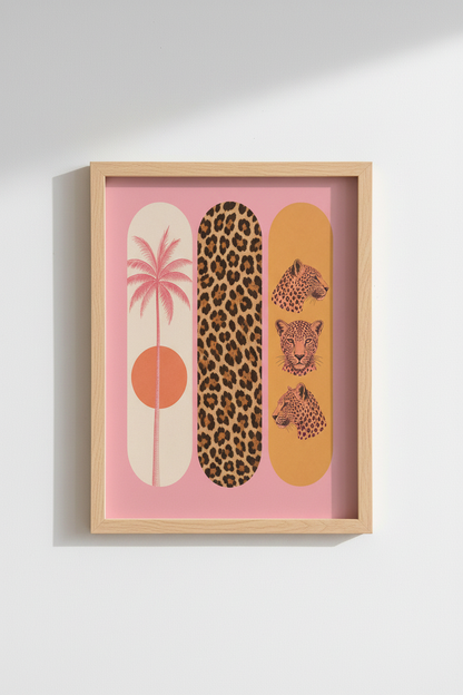 Pink Leopard Wall Art | Maximalist Skateboard Deck Poster, Pink Tropical Decor