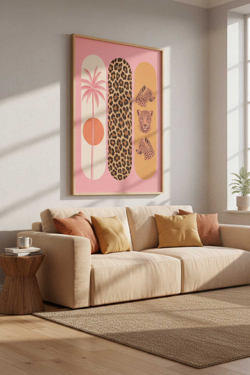Pink Leopard Wall Art | Maximalist Skateboard Deck Poster, Pink Tropical Decor