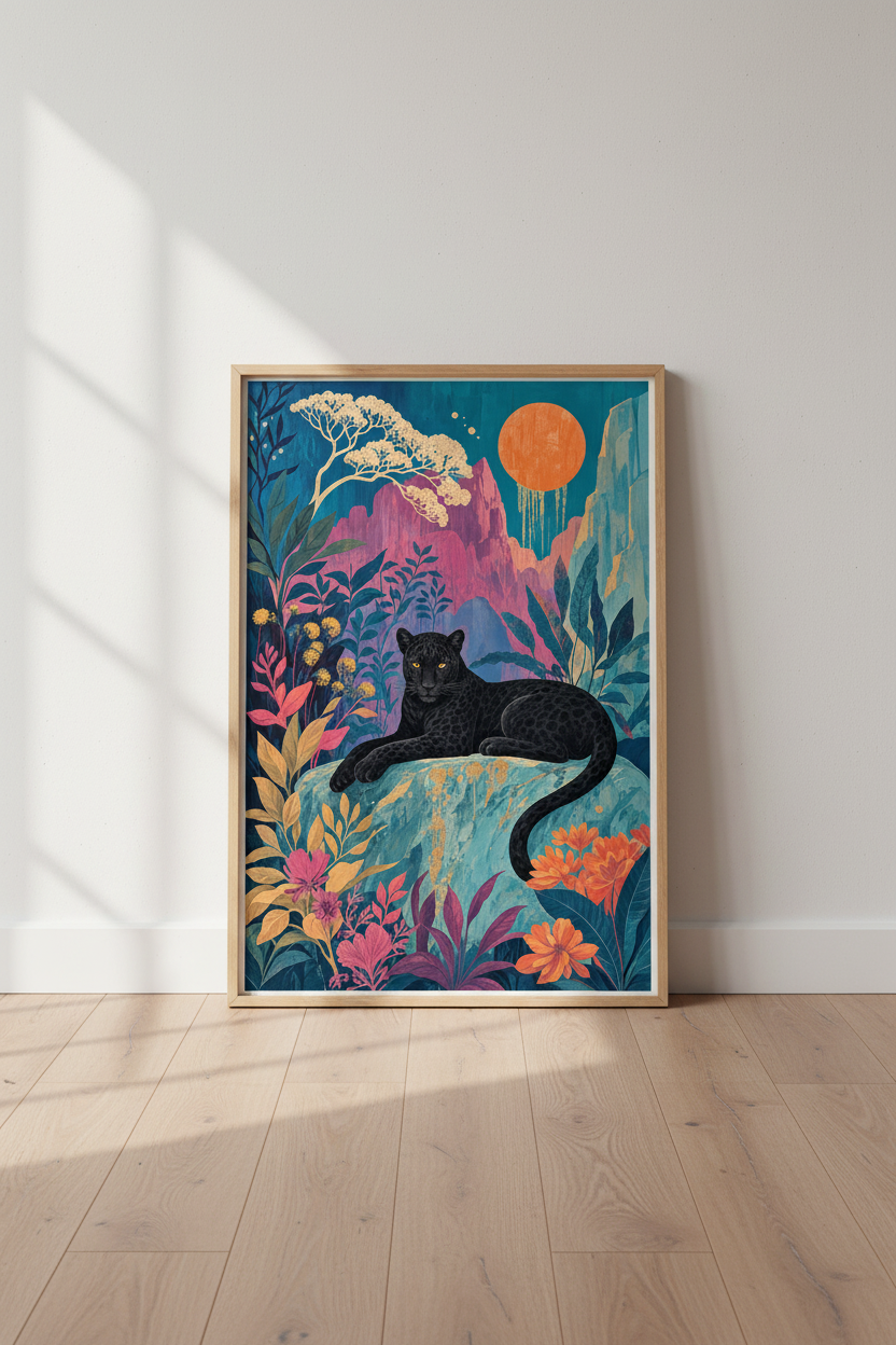 Black Panther Jungle Wall Art | Teal &amp; Pink Botanical Decor | Maximalist Poster
