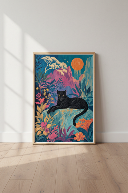 Black Panther Jungle Wall Art | Teal &amp; Pink Botanical Decor | Maximalist Poster