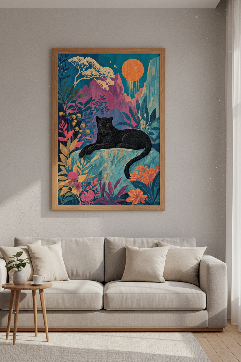 Black Panther Jungle Wall Art | Teal &amp; Pink Botanical Decor | Maximalist Poster