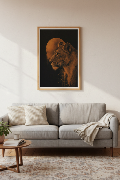 Lioness Moon Wall Art | Copper &amp; Black Animal Poster, Living Room Modern Safari Decor