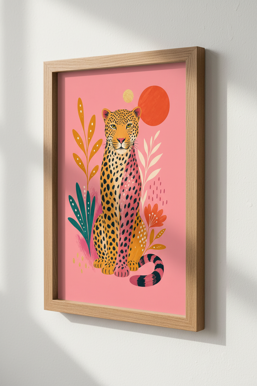 Pink Leopard Wall Art | Colorful Cheetah Folk Art Print | Maximalist Room Decor
