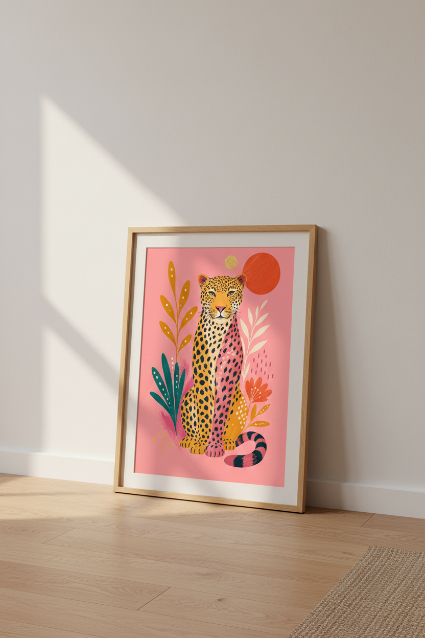 Pink Leopard Wall Art | Colorful Cheetah Folk Art Print | Maximalist Room Decor