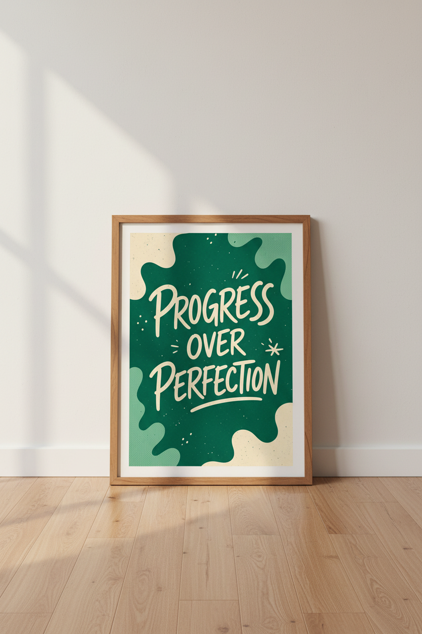 Progress Over Perfection Quote Print | Forest Green Reto Office Decor | Motivational Art