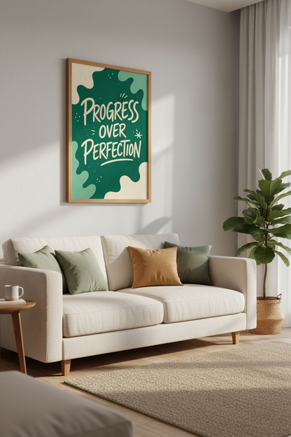 Progress Over Perfection Quote Print | Forest Green Reto Office Decor | Motivational Art