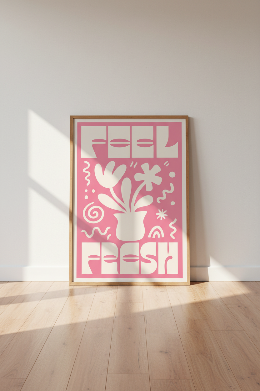 Feel Fresh Floral Typography Print | Pink Retro 70s Art, Preppy Bedroom Decor