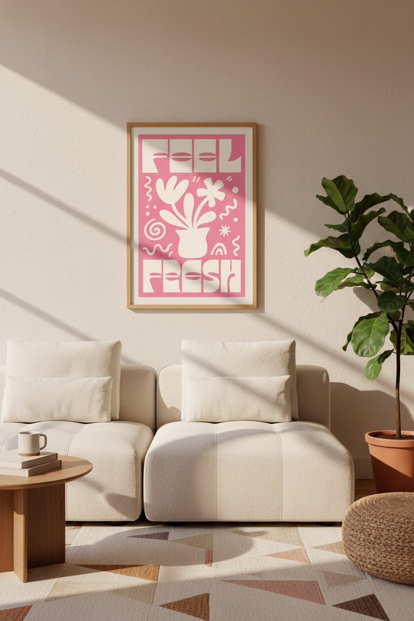 Feel Fresh Floral Typography Print | Pink Retro 70s Art, Preppy Bedroom Decor