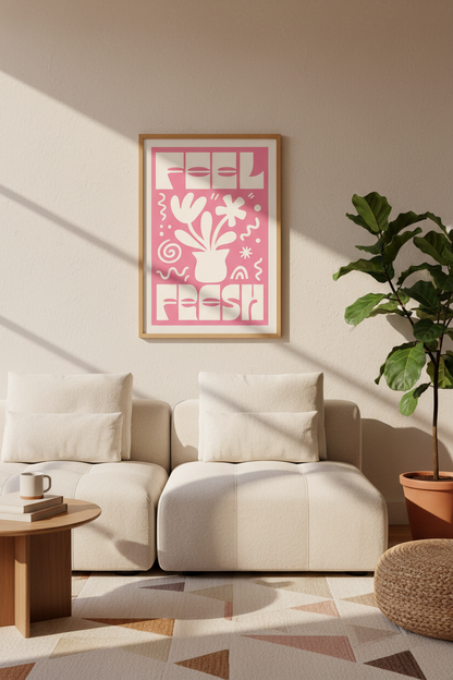 Feel Fresh Floral Typography Print | Pink Retro 70s Art, Preppy Bedroom Decor