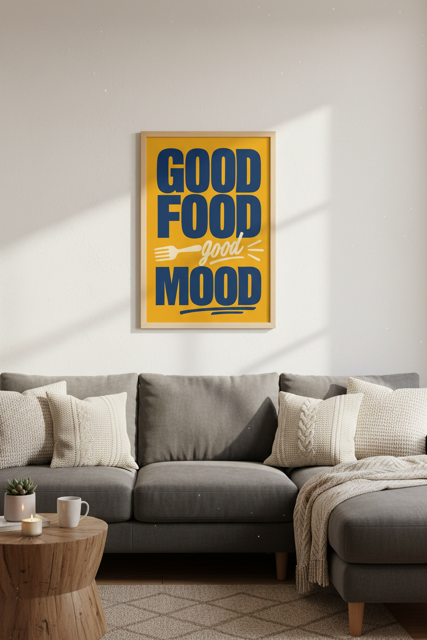 Food Mood Poster | Bold Yellow Navy, Living Room Decor
