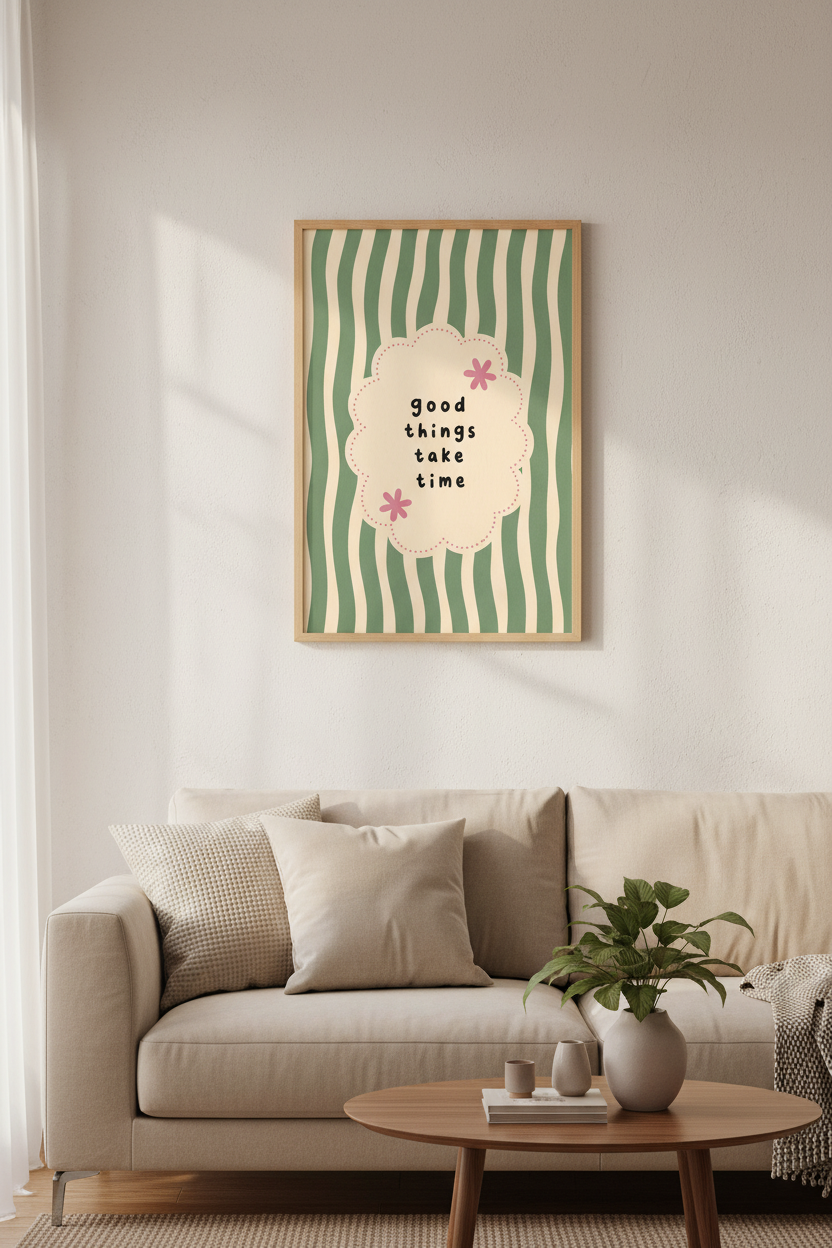 Good Things Take Time Retro Quote Art | Sage Green Wavy Print | Trendy Room Decor