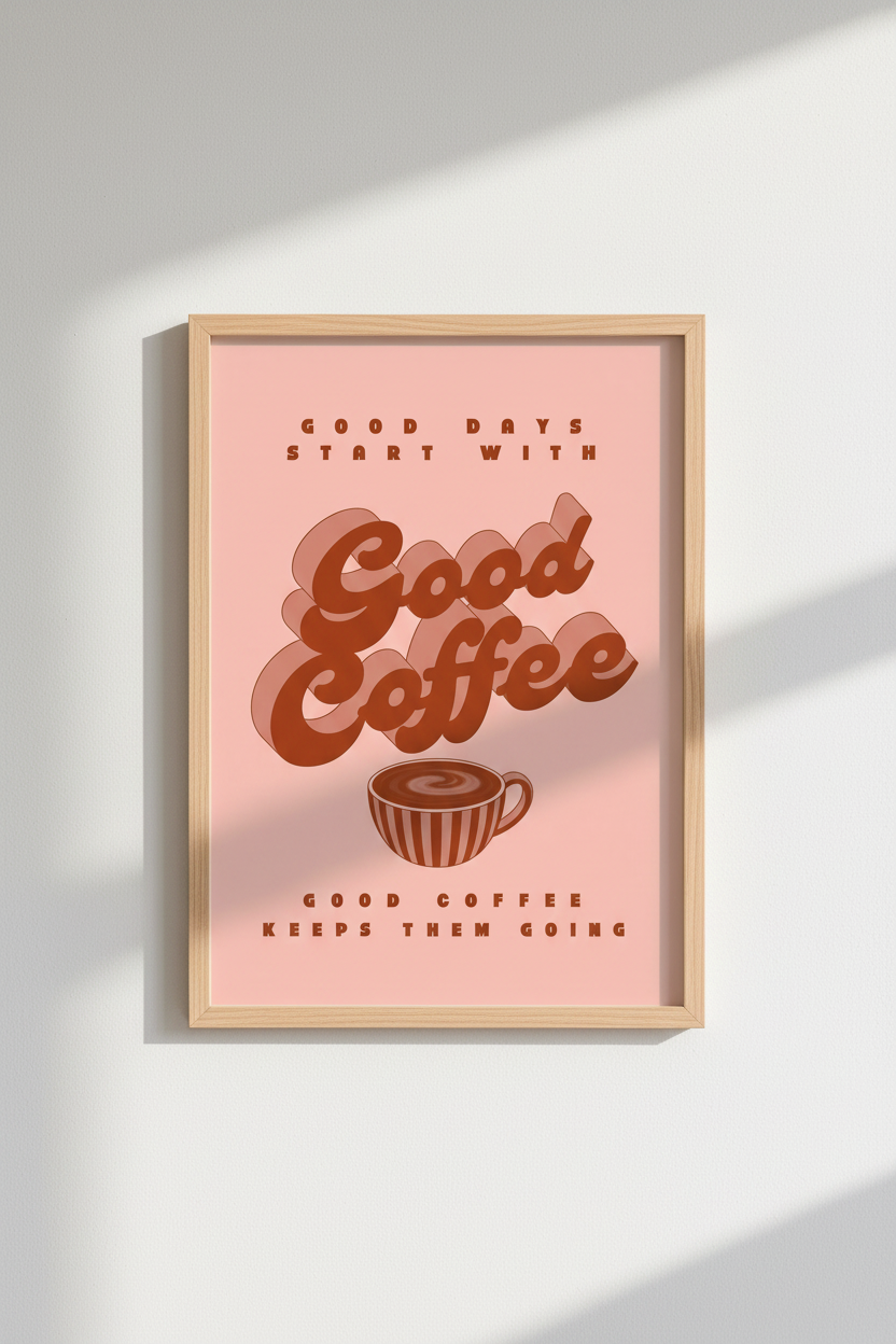 Retro Coffee Typography Wall Art Print | Pink Kitchen Decor | 70s Aesthetic Poster