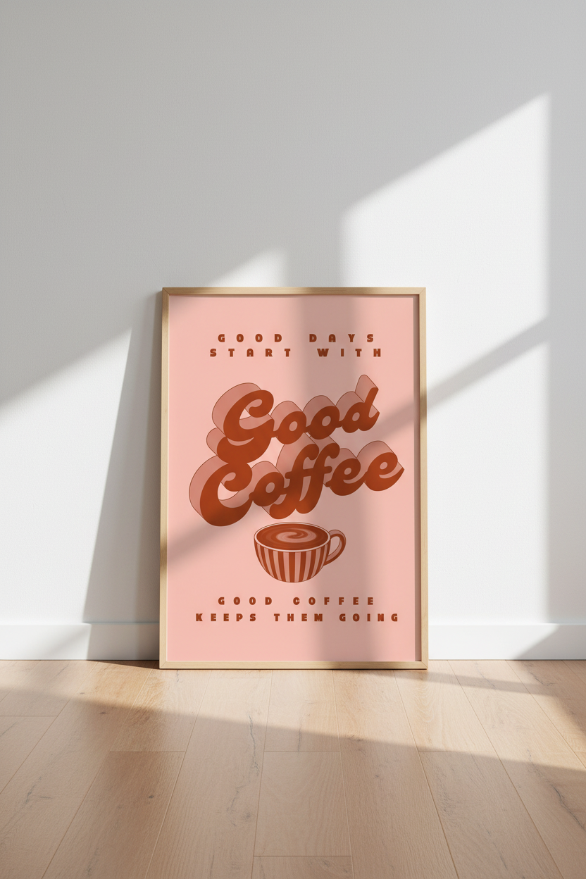 Retro Coffee Typography Wall Art Print | Pink Kitchen Decor | 70s Aesthetic Poster