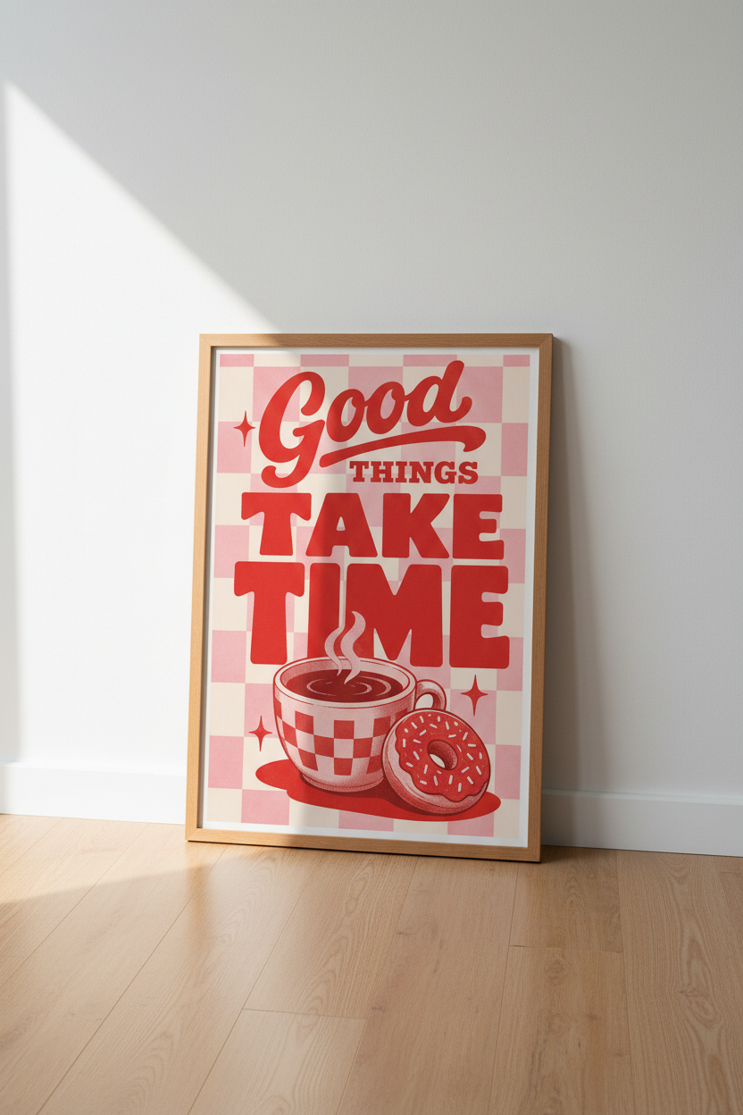 Good Things Take Time Print | Retro Coffee &amp; Donut Wall Art, Pink Checkered Decor