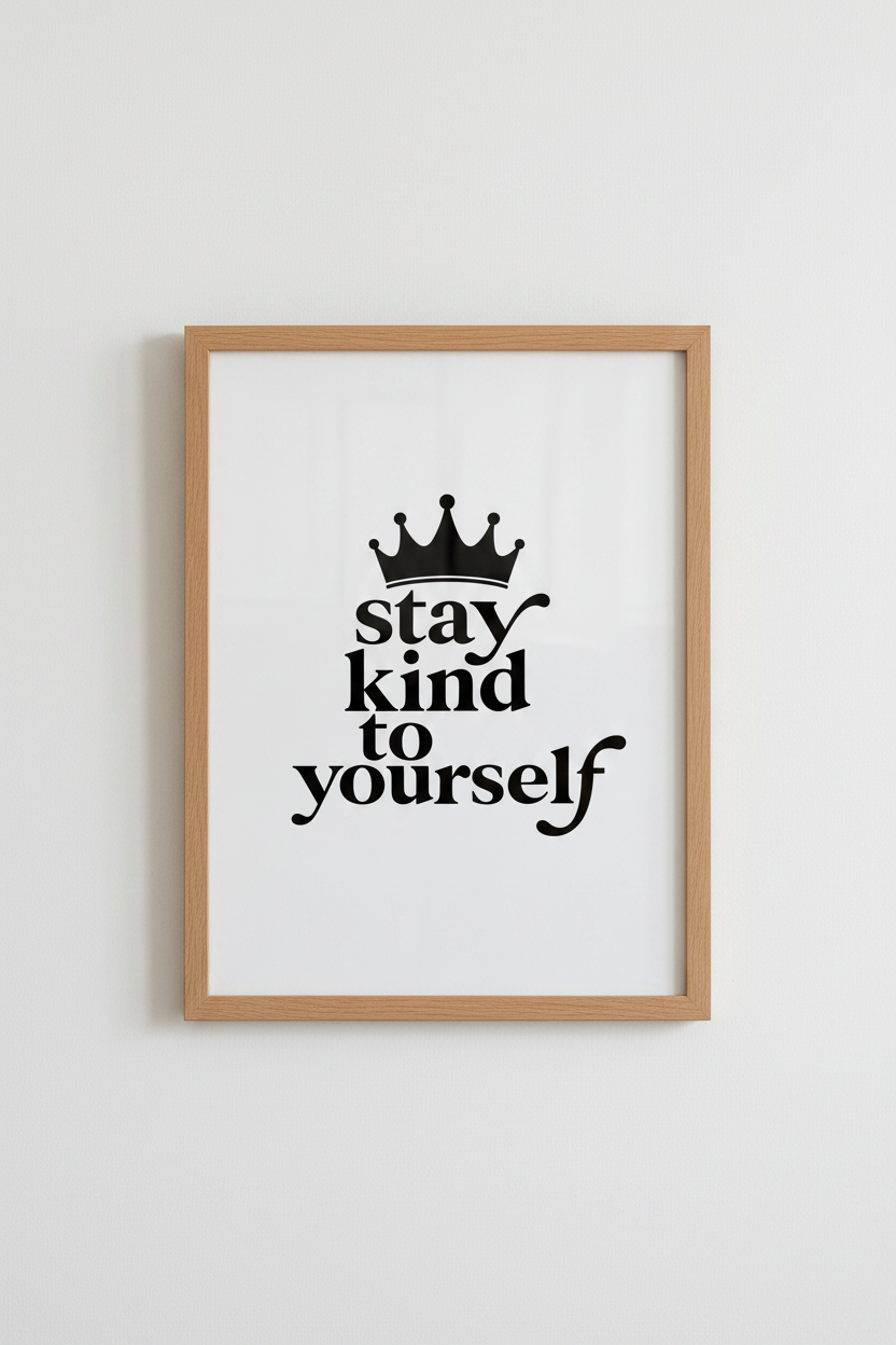 Stay Kind To Yourself Print | Black White Crown Typography, Office Decor