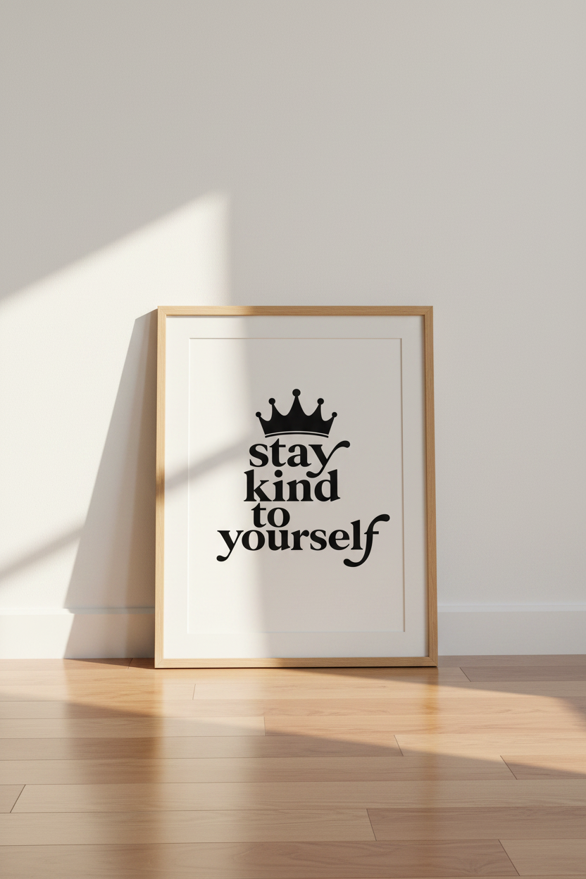 Stay Kind To Yourself Print | Black White Crown Typography, Office Decor