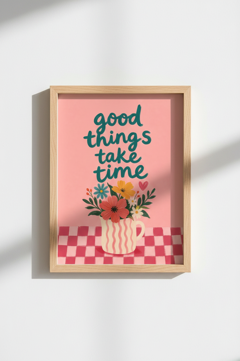 Colorful Quote Art Print | Pink Floral Preppy Decor | Good Things Take Time Poster