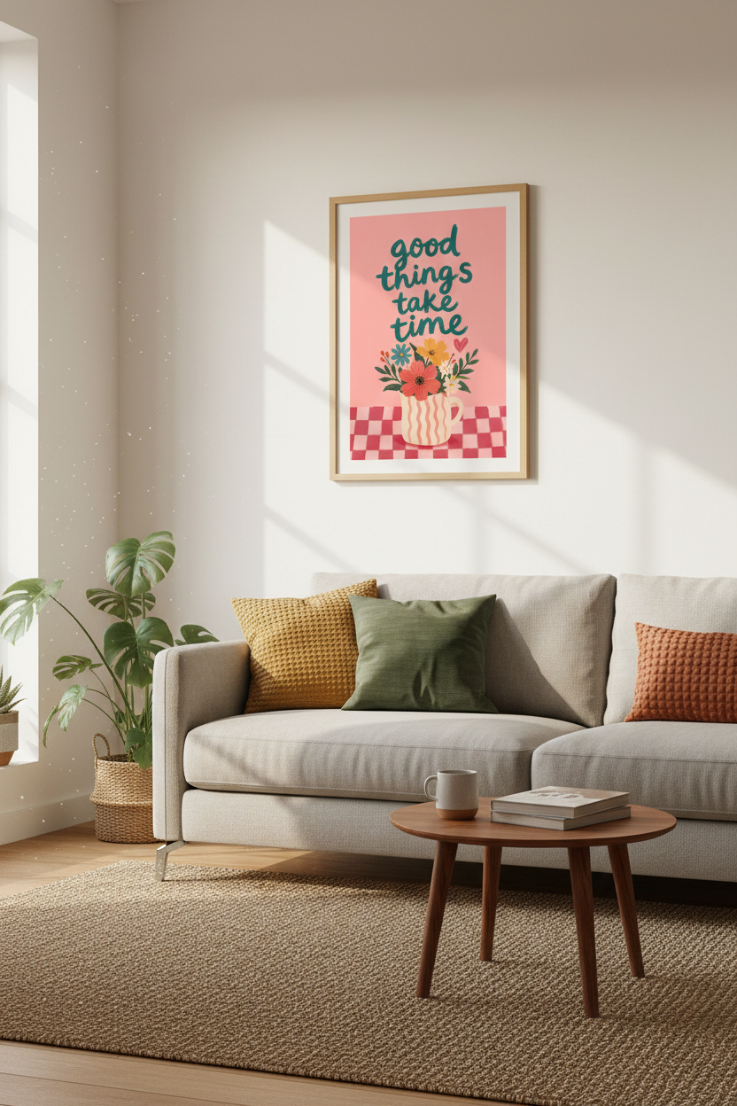 Colorful Quote Art Print | Pink Floral Preppy Decor | Good Things Take Time Poster