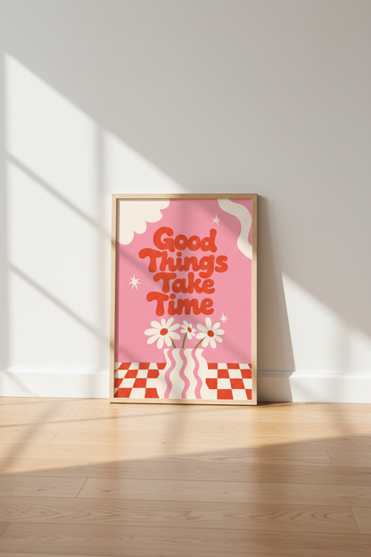 Good Things Take Time Art Print | Retro Pink &amp; Red Poster | Danish Pastel Decor