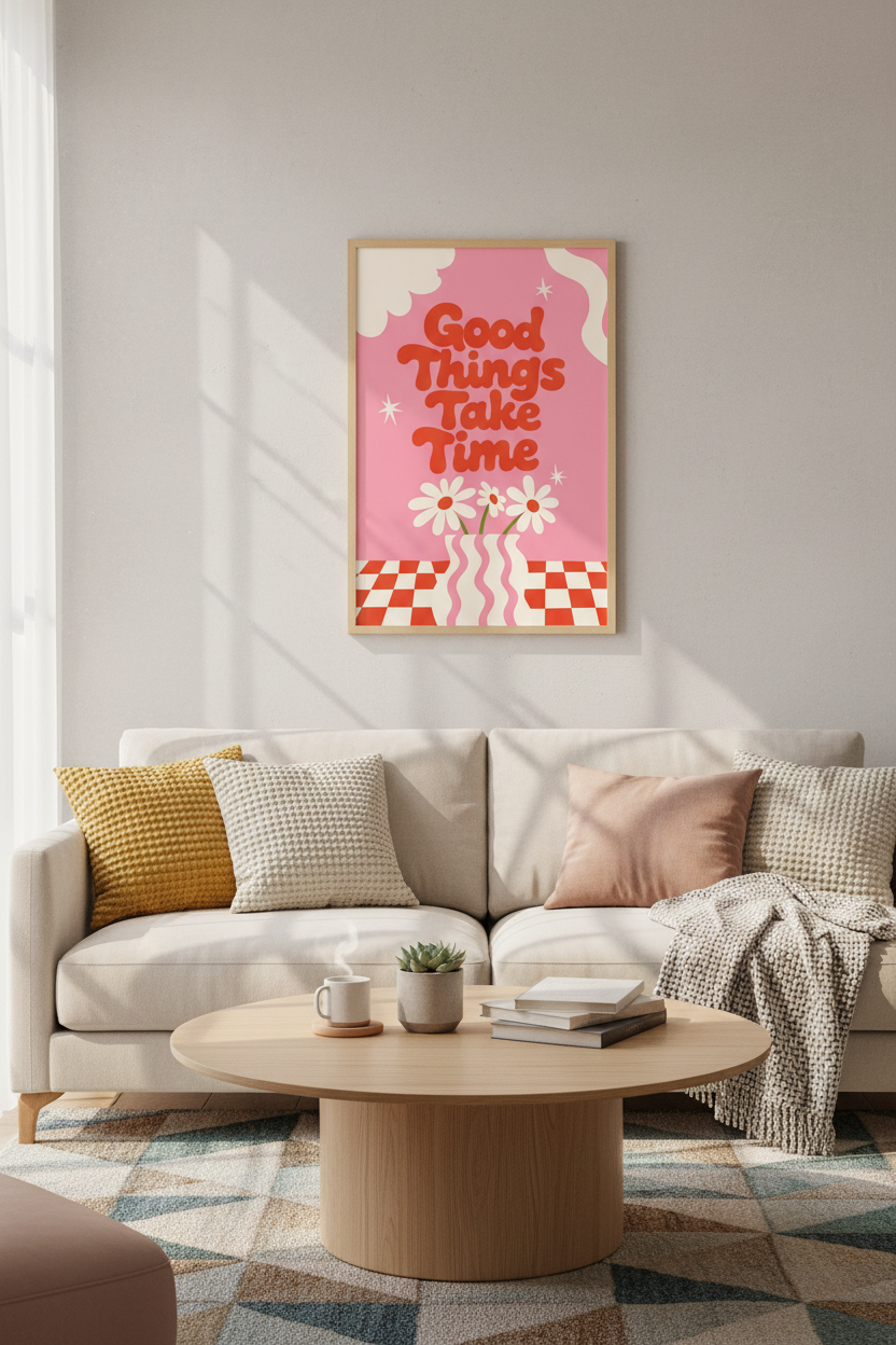 Good Things Take Time Art Print | Retro Pink &amp; Red Poster | Danish Pastel Decor