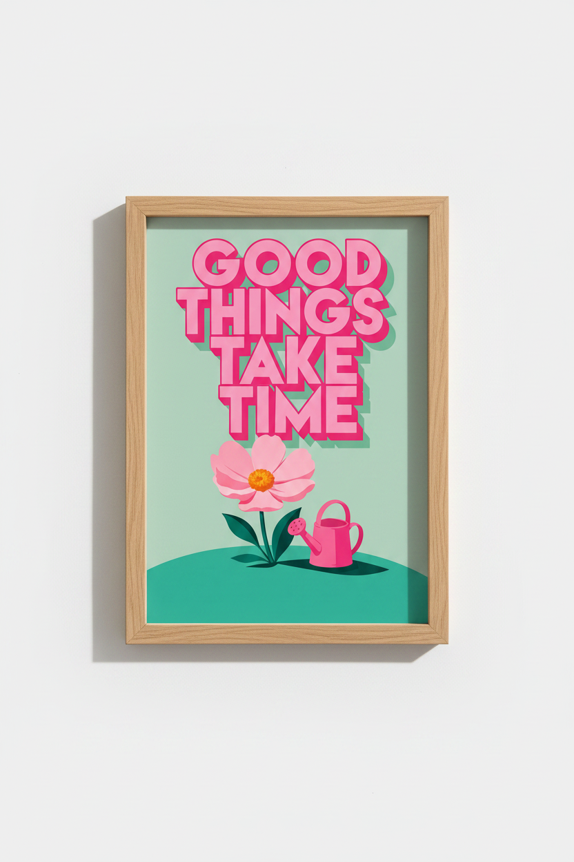 Retro Aesthetic Art Print | Pink Floral Quote Poster | Cute Good Things Take Time Wall Art