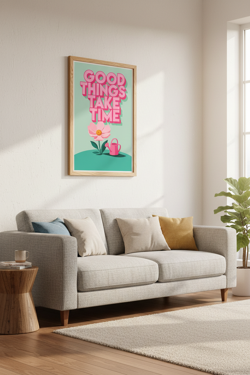 Retro Aesthetic Art Print | Pink Floral Quote Poster | Cute Good Things Take Time Wall Art