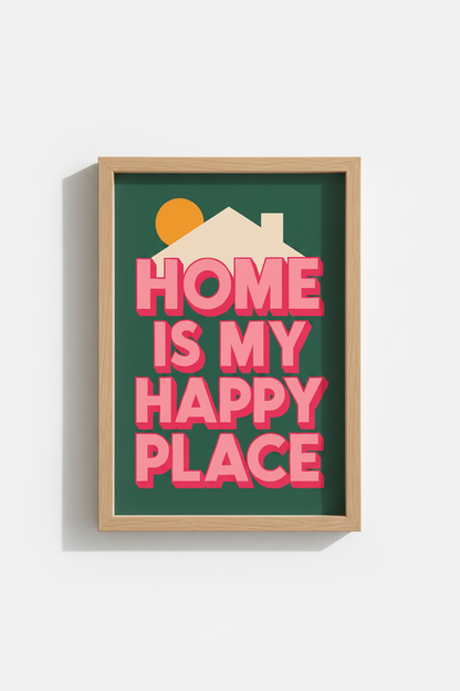 Colorful Quote Wall Art | Retro Happy Place Quote Print, Green and Pink Home Decor