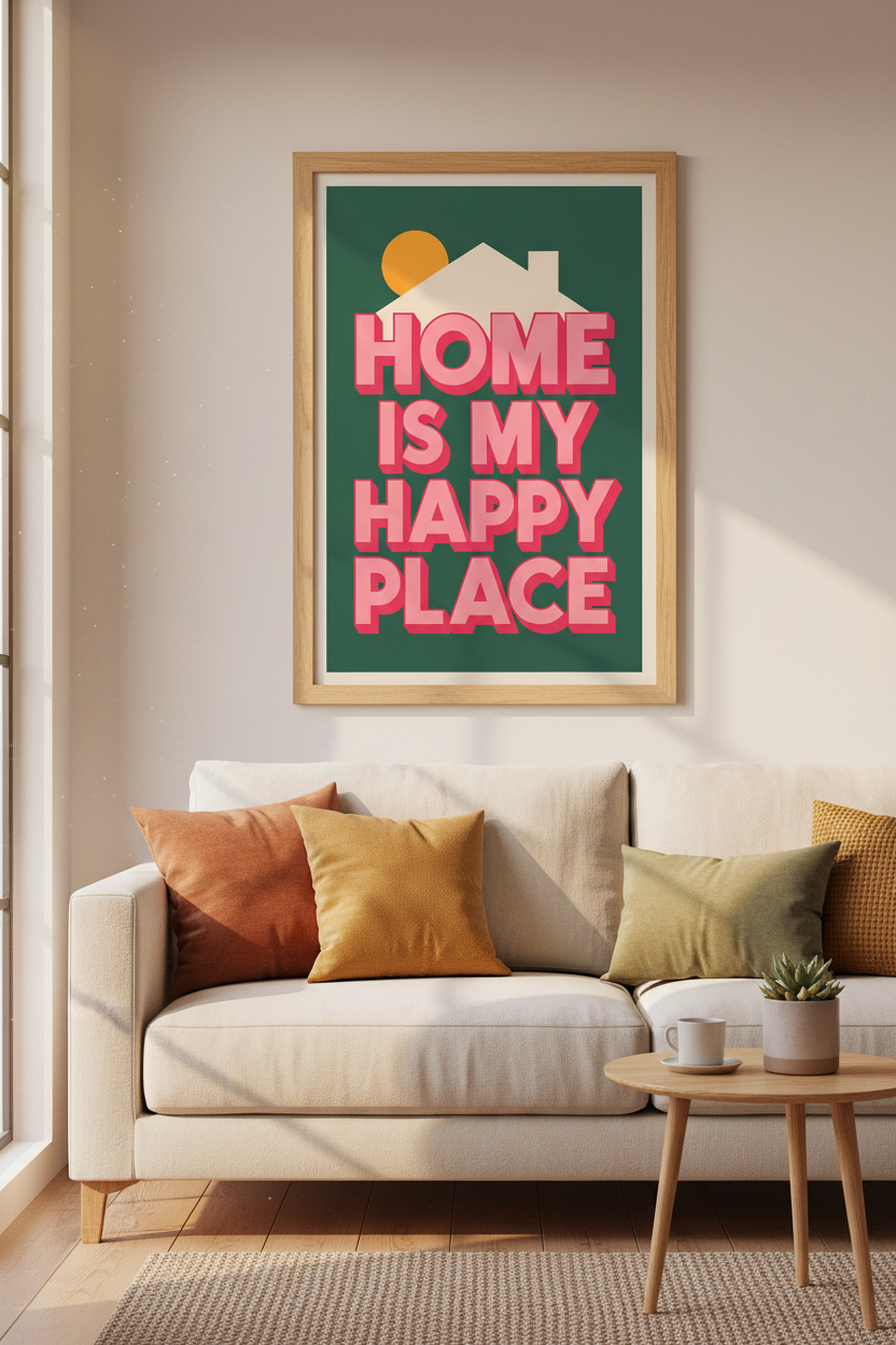 Colorful Quote Wall Art | Retro Happy Place Quote Print, Green and Pink Home Decor