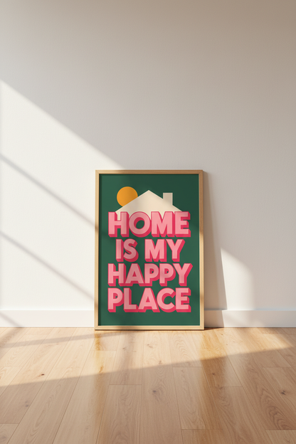 Colorful Quote Wall Art | Retro Happy Place Quote Print, Green and Pink Home Decor