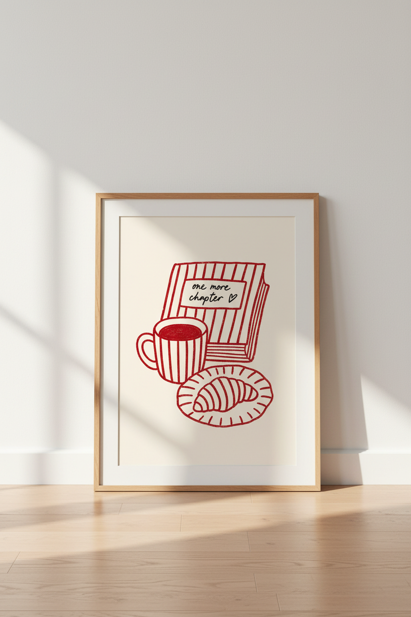 Cozy Mug Art | Minimal Red Sketch, Breakfast Nook Decor