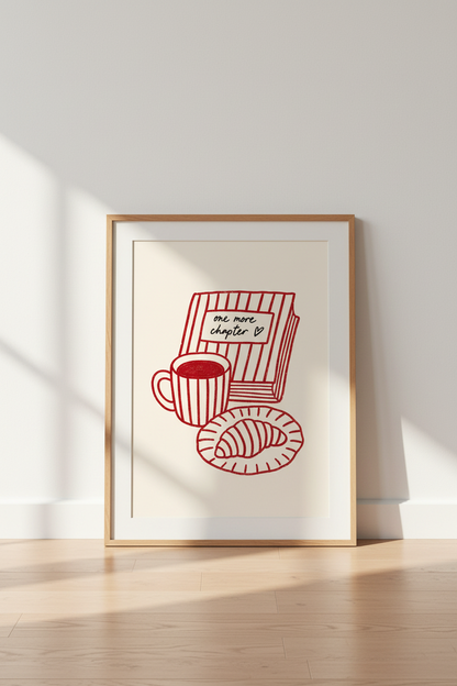 Cozy Mug Art | Minimal Red Sketch, Breakfast Nook Decor