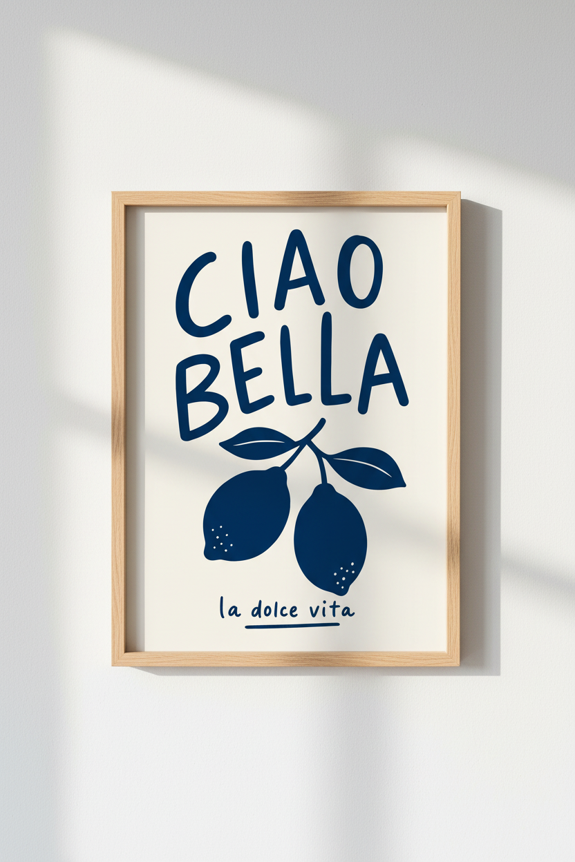 Ciao Bella Lemon Wall Art | Navy Italian Decor | Mediterranean Poster