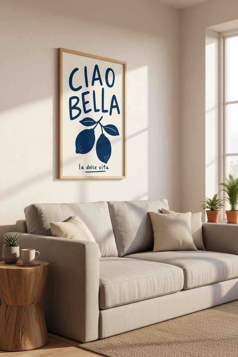 Ciao Bella Lemon Wall Art | Navy Italian Decor | Mediterranean Poster