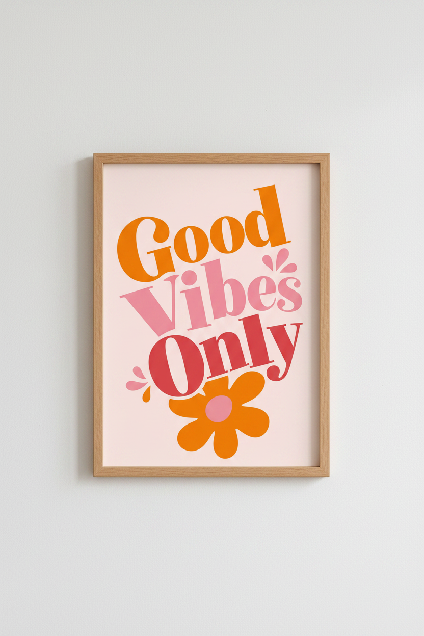 Good Vibes Only Retro Wall Art | Pink &amp; Orange 70s Typography | Groovy Preppy Home Decor