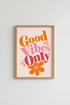 Good Vibes Only Retro Wall Art | Pink & Orange 70s Typography | Groovy Preppy Home Decor