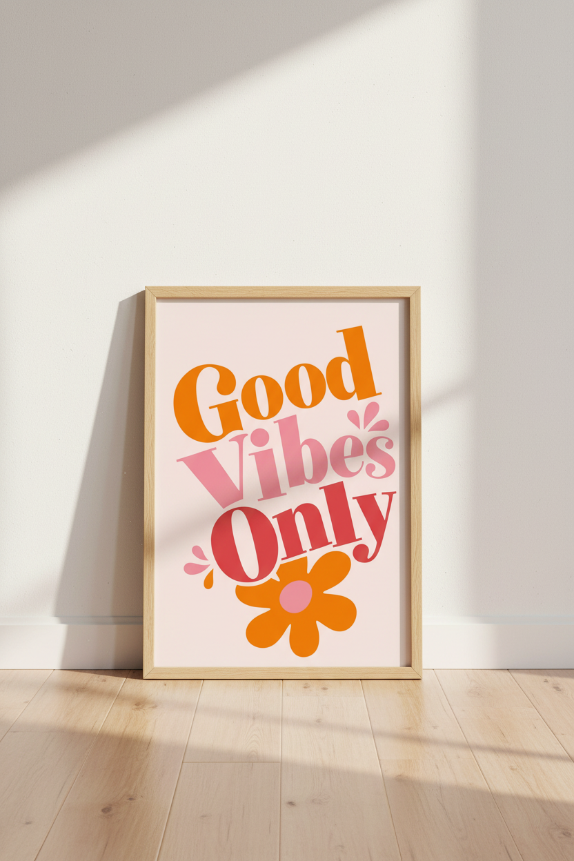 Good Vibes Only Retro Wall Art | Pink &amp; Orange 70s Typography | Groovy Preppy Home Decor