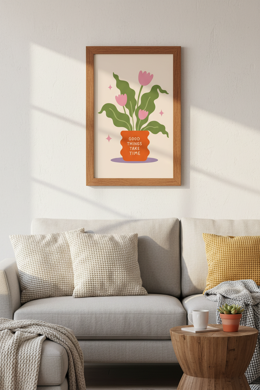 Good Things Take Time Floral Art | Retro Pink Tulip Print, Cute Aesthetic Poster