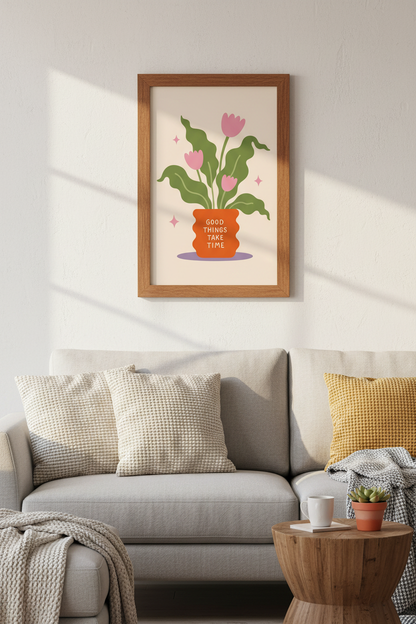 Good Things Take Time Floral Art | Retro Pink Tulip Print, Cute Aesthetic Poster