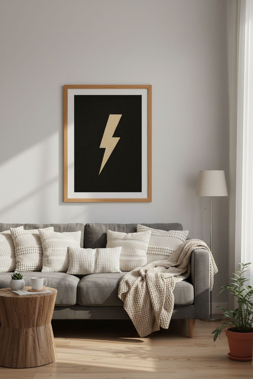 Lightning Bolt Wall Art | Minimalist Black &amp; Tan Poster, Masculine Home Decor