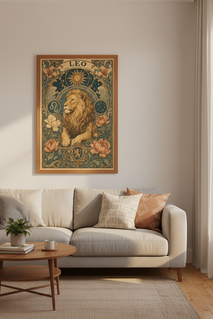 Leo Zodiac Sign Wall Art | Art Nouveau Lion Poster | Celestial Home Decor