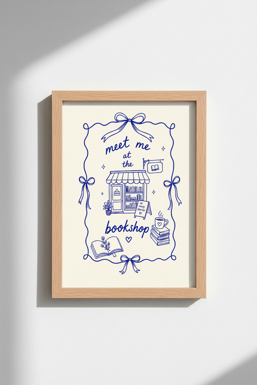 Coquette Bookish Art Print | Blue Bow Bookstore Poster, Reading Nook Decor