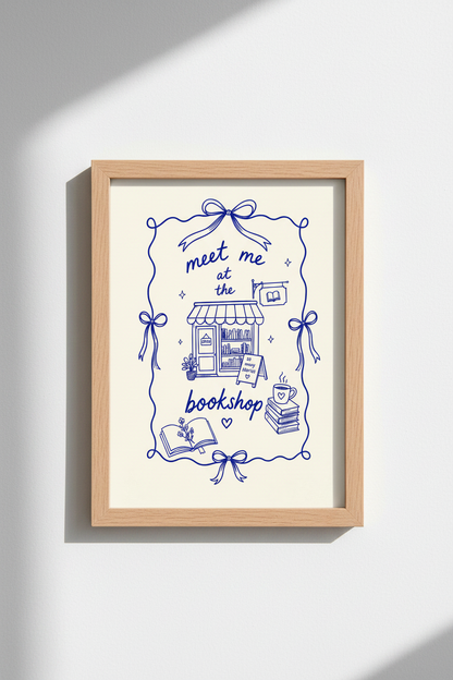 Coquette Bookish Art Print | Blue Bow Bookstore Poster, Reading Nook Decor
