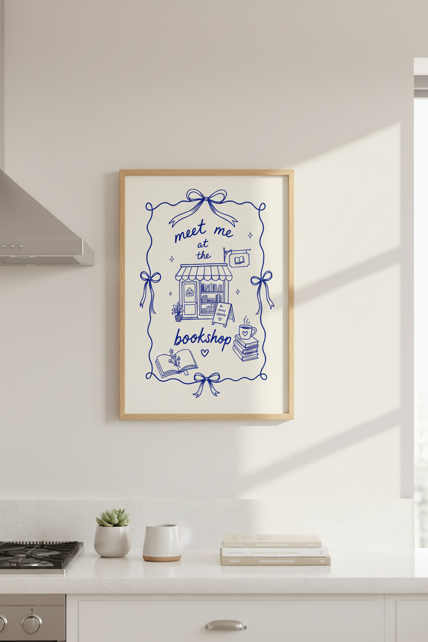 Coquette Bookish Art Print | Blue Bow Bookstore Poster, Reading Nook Decor
