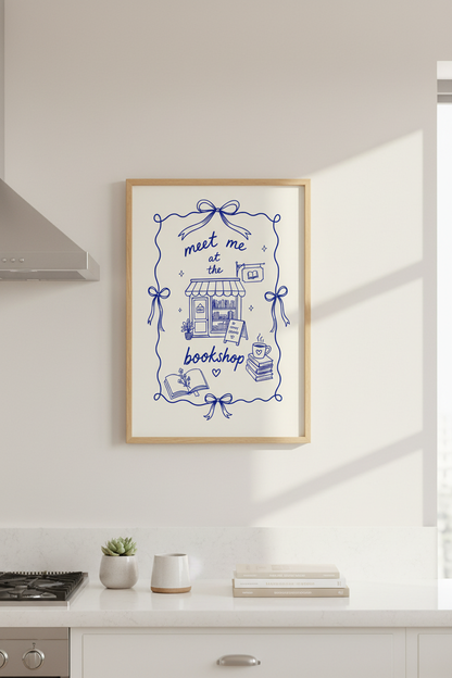 Coquette Bookish Art Print | Blue Bow Bookstore Poster, Reading Nook Decor