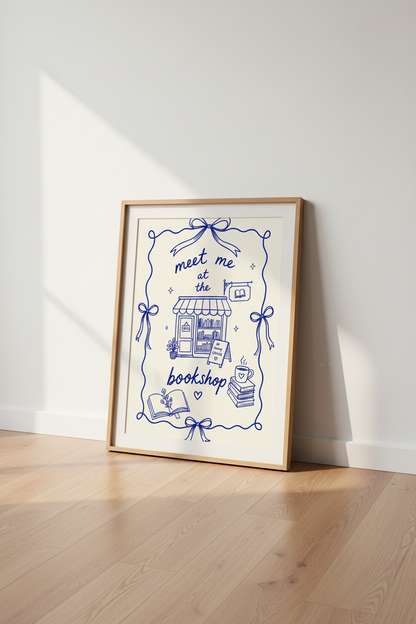 Coquette Bookish Art Print | Blue Bow Bookstore Poster, Reading Nook Decor
