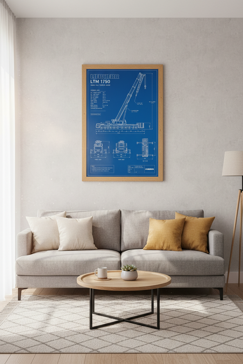 Liebherr LTM 1750 Crane Blueprint | Industrial Blue Wall Art, Office Decor Poster